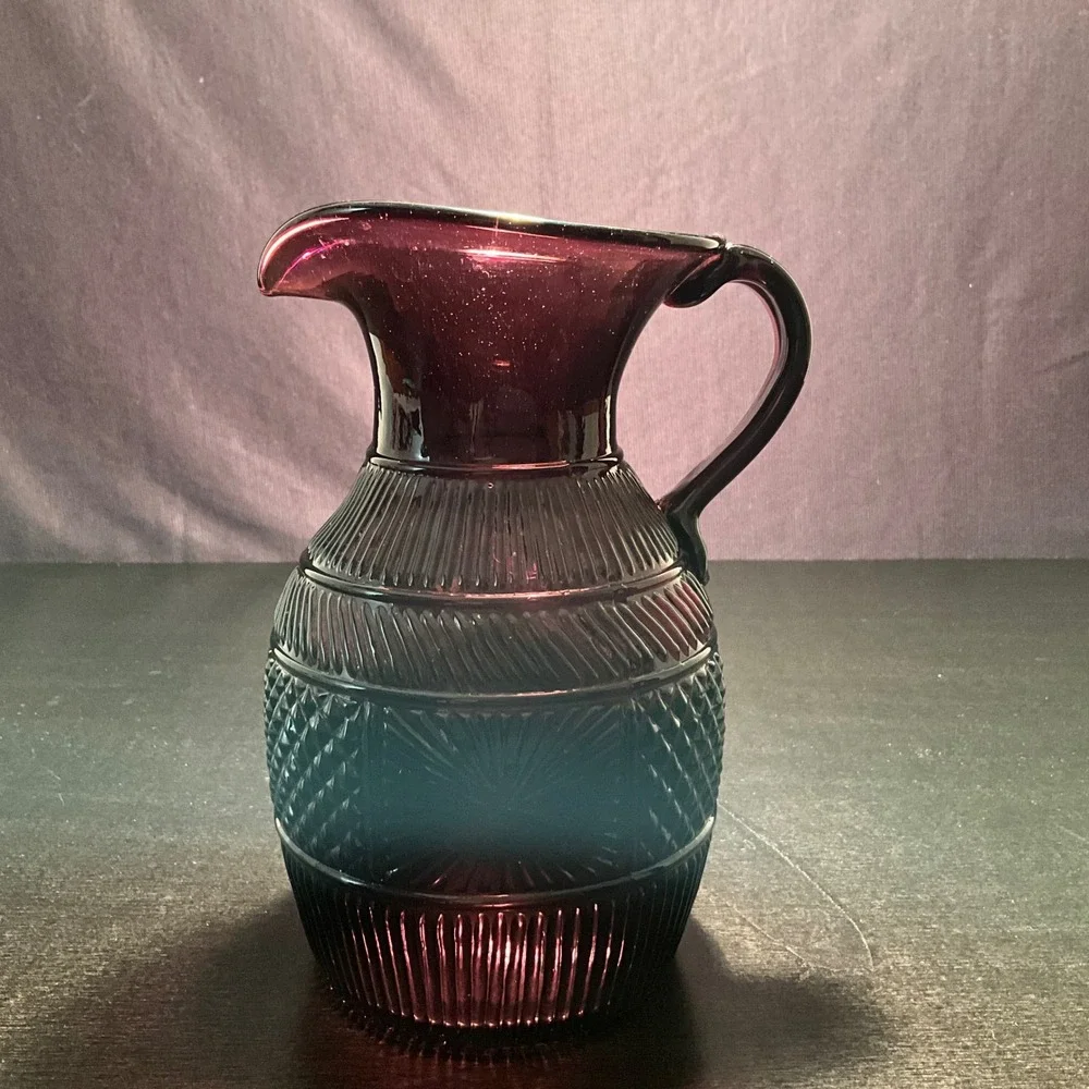 Vintage Clevenger 3 Mold Blown Glass Amethyst Glass Pitcher‎ Embossed Design